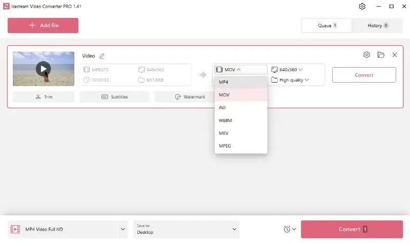 Set MTS to MOV settings 1